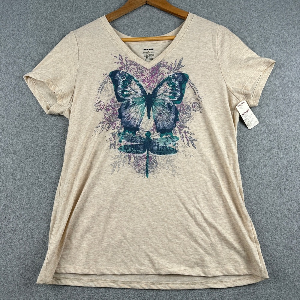 Kohl's T-Shirt Womens Medium H563K083RG Beige Butterfly Graphic NEW